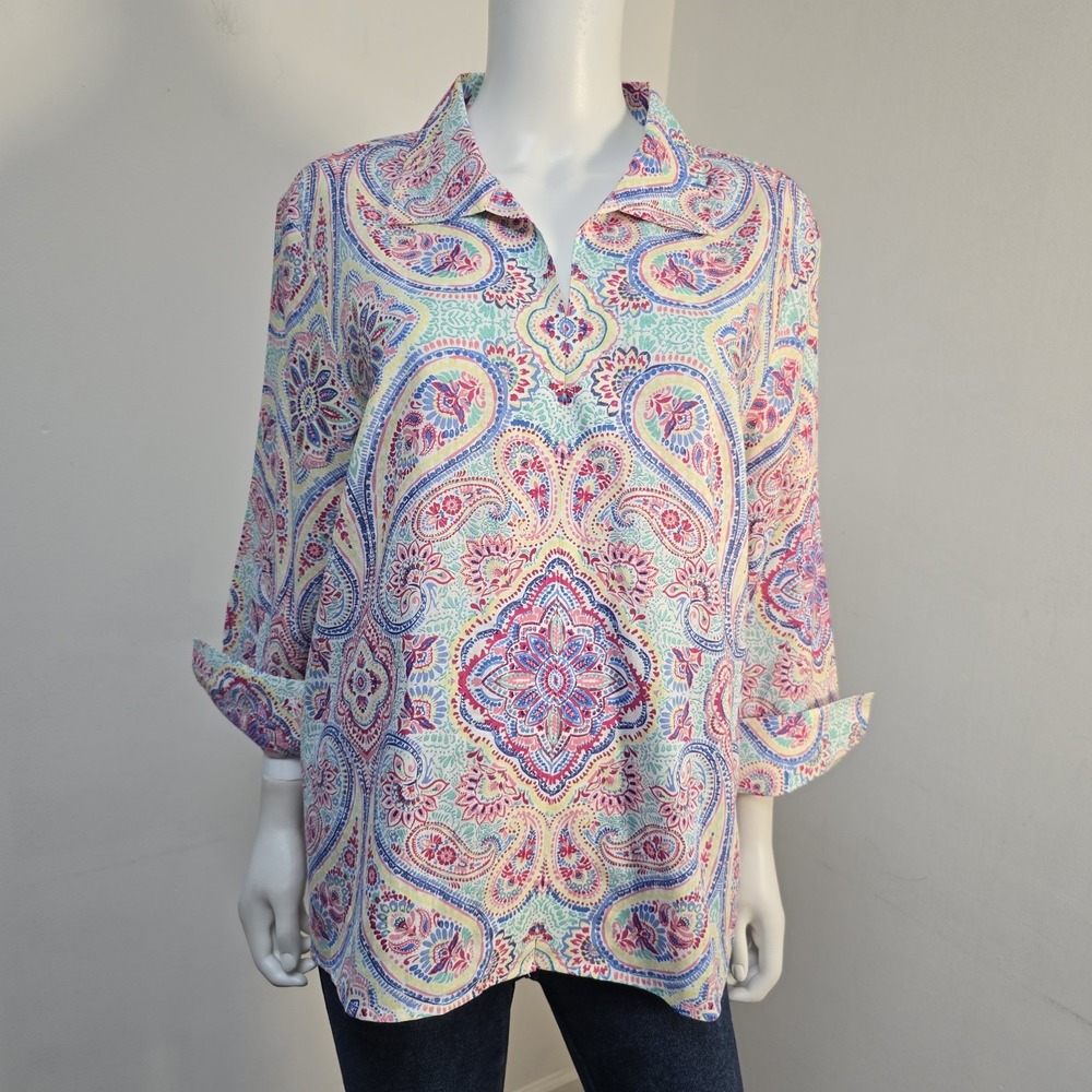 Foxcroft Agnes Paisley Linen Blend 3/4 Sleeve Shirt Popover Size XL Top Womens
